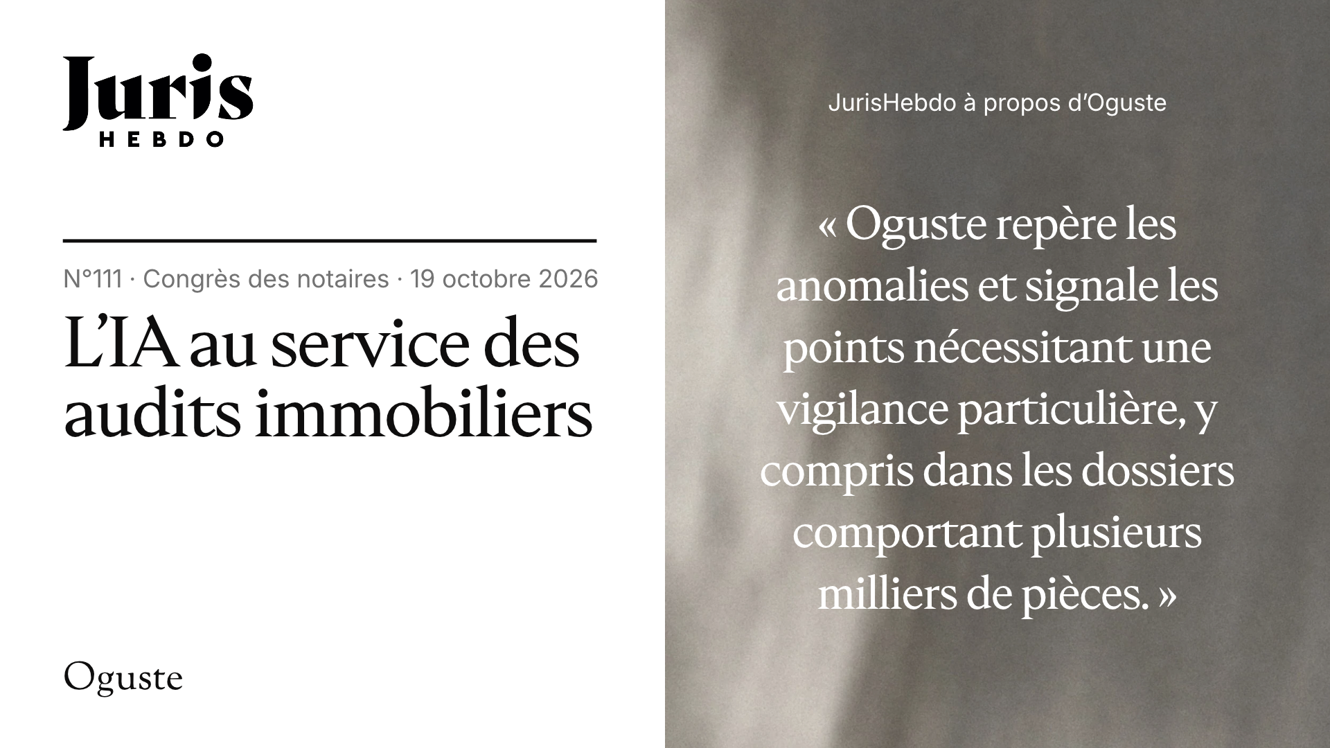JurisHebdo n°111 : « L'IA au service des audits immobiliers », article consacré à Oguste